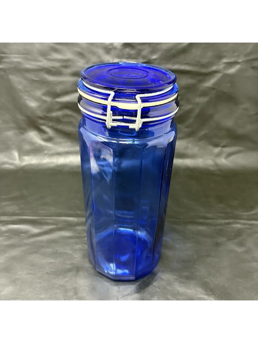 Cobalt Blue Jar Glass Storage Holder With Attached Wire Locking Lid 10” Tall